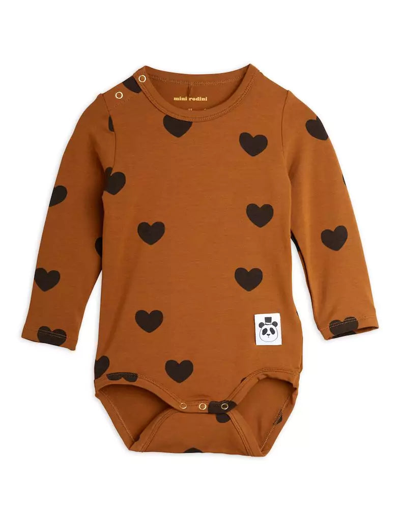 Mini Rodini Basic Pitkähihainen Body - Ruskea - Sydän